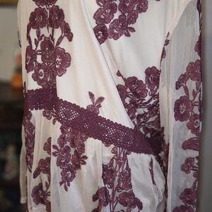Altar'd State Floral Lace Blouse in Burgundy and Cream